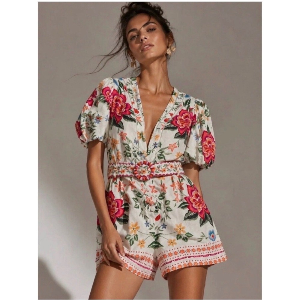 Caroline Constas Floral Linen Blend Romper Puff Sleeve Beaded Belt Size 6